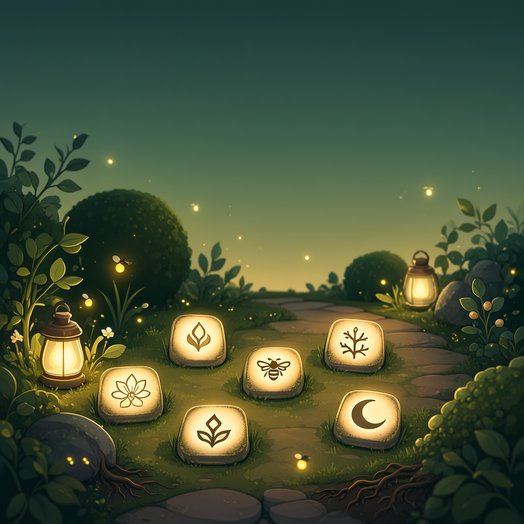 Cozy twilight garden with glowing signal stones and lanterns, spoiler-free Daily Signal Garden artwork